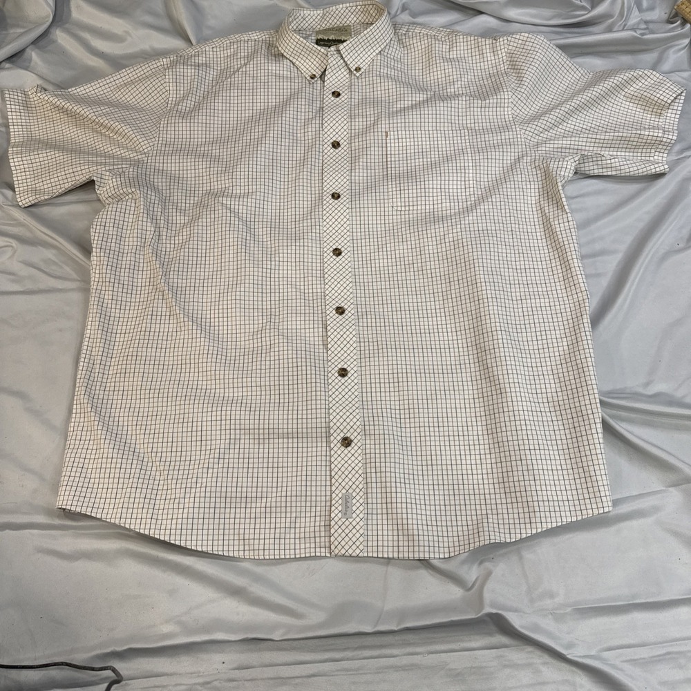 Cabelas Outfitter Series Mens 2XLT Beige Checkered Short Sleeve Fishing Shirt